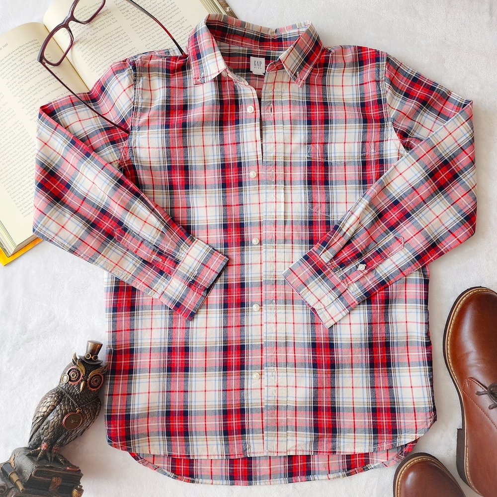 GAP Kids Plaid Button Down Shirt, Size 12, Red Blue Cream Cotton Dress Shirt